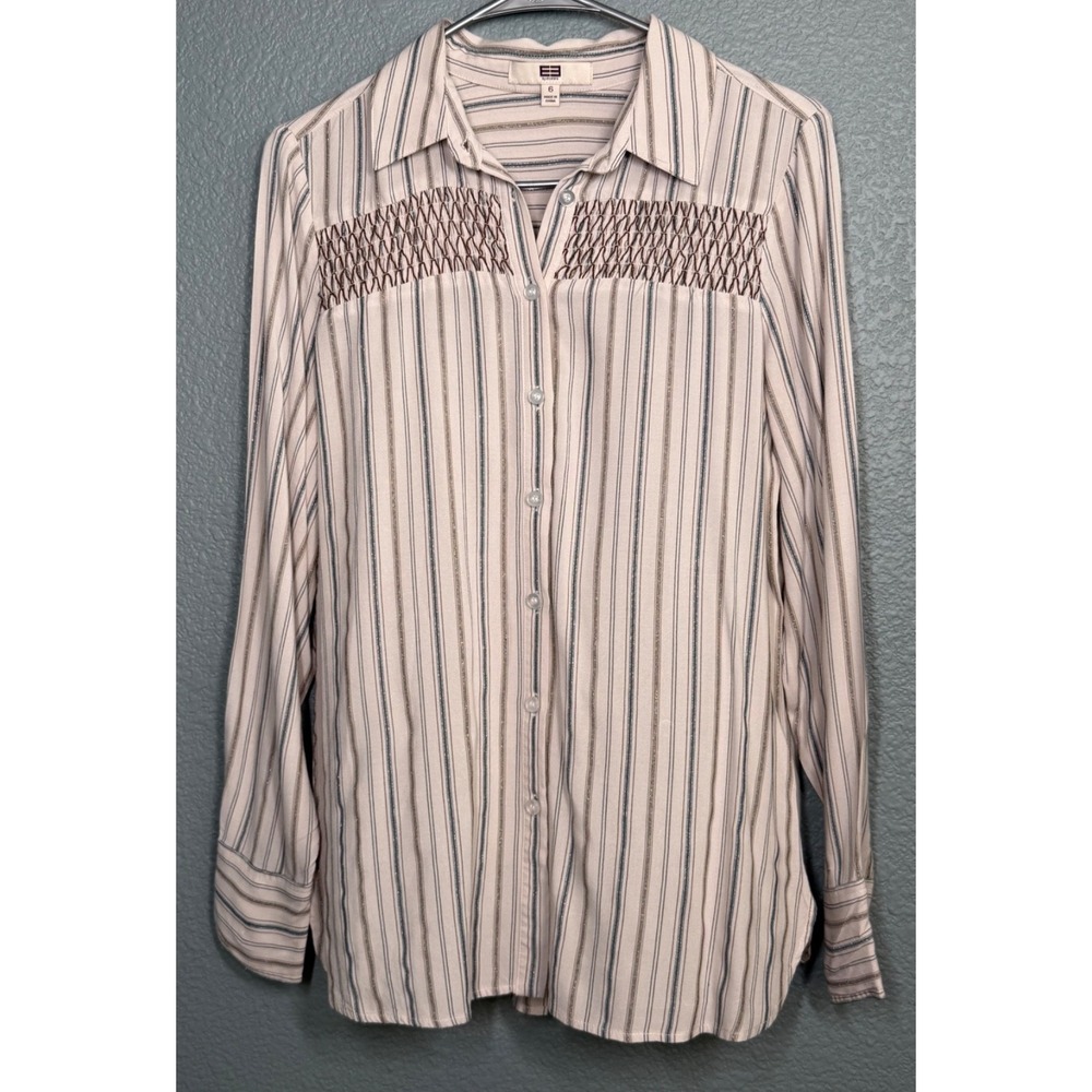 EE By Etcetera Womens Metallic Stripe Shirt Sz 6 Button Long Sleeve Embroidered